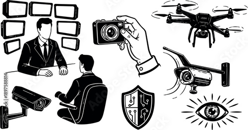 Line art security icons set showing operator monitoring multiple screens, surveillance cameras, drone and hand held camera in black vector style