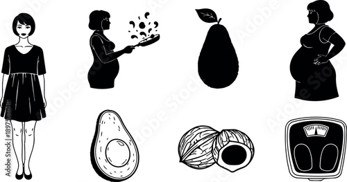 Black and white vector art of pregnant woman cooking and standing with healthy avocado and nuts with weight scale illustration