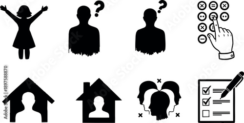 Black silhouette icons of people with question marks, house backgrounds, hand pressing buttons and checklist in vector style