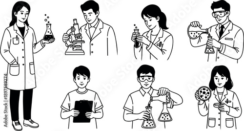 Black and white line art scientists conducting laboratory experiments with microscope flask and petri dish in scientific research setting