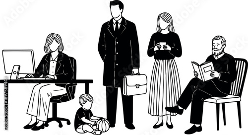 Minimalist black and white vector art showing family members in different daily activities including working child playing standing and reading