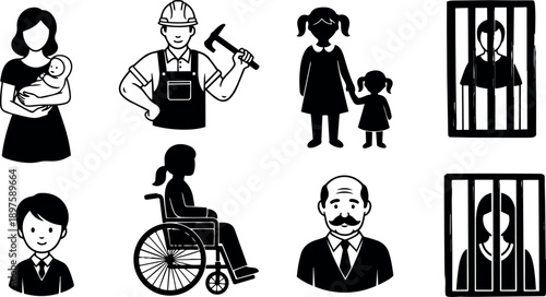 Silhouette vector icons showing mother holding baby, construction worker with hammer, children holding hands, wheelchair user side view, businessman face, and jailed man and woman