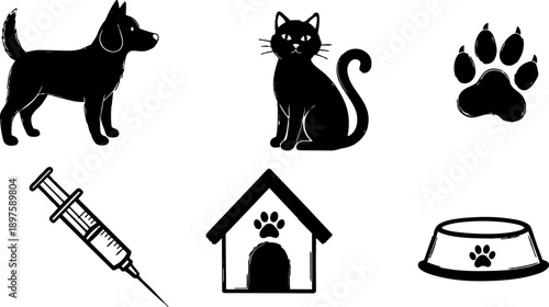 Silhouette style dog, cat, paw print, syringe, pet house and food bowl icons in black vector design collection