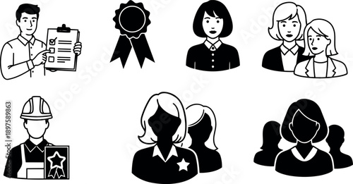 Black and white vector icons showing man pointing checklist, ribbon award, female avatars, construction worker holding certificate, and group silhouettes