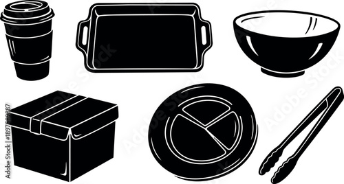 Black and white silhouette vector set of takeout coffee cup, serving tray, bowl, food box, divided plate, and tongs kitchenware icons