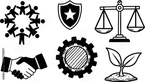 Black and white icon set including teamwork circle, shield star, balanced scales, handshake, gear cog, and sprouting plant vector art