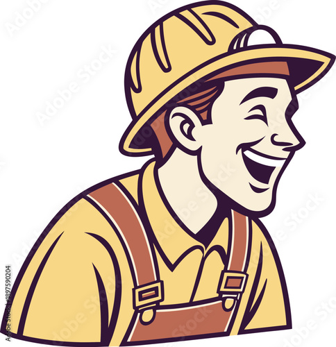 Illustration of a smiling construction worker wearing a hard hat and overalls isolated on transparent background