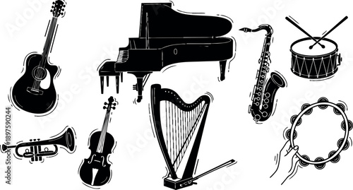 Black and white vector art collection of musical instruments including guitar piano harp saxophone violin trumpet tambourine and drum set