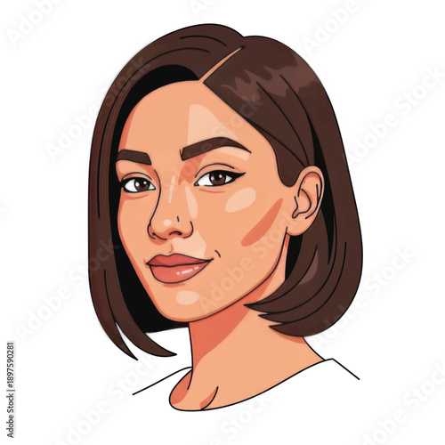 Stylized female portrait illustration of a woman with brown hair and a calm expression.