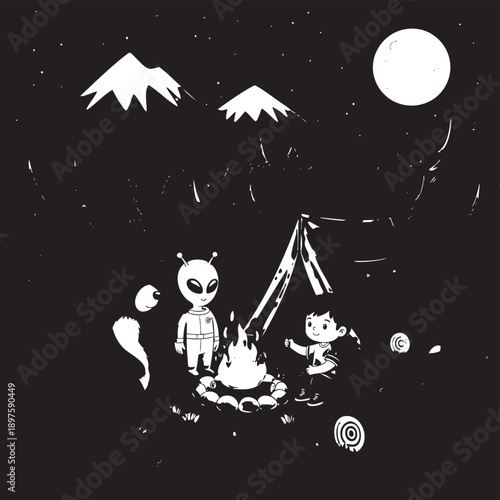Alien encounter with children camping under the moon and stars