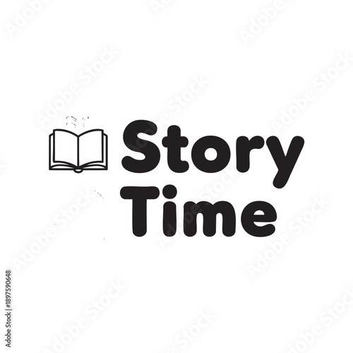 Open book icon with story time text for reading activities and learning