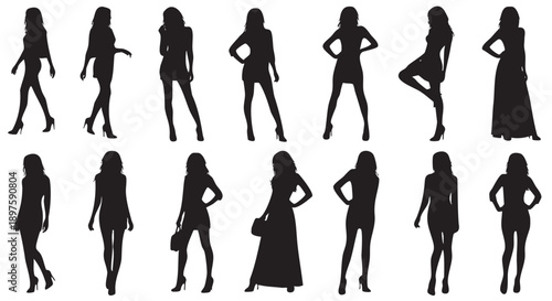Set of diverse female fashion poses isolated on transparent background