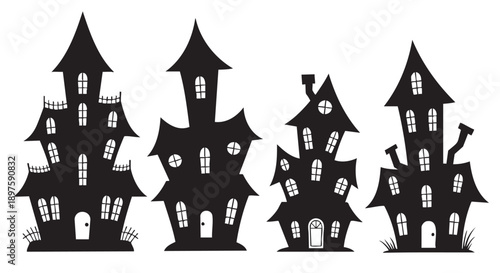 Set of four spooky haunted house illustrations with gothic details