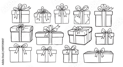 Set of hand drawn gift boxes with decorative ribbons and bows