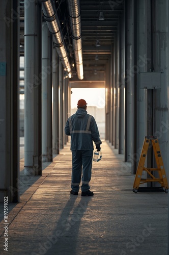 Construction Worker Stands in a Corridor During Sunset at a Building Site