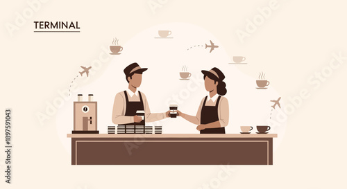 Airport Coffee Service By Baristas With Airplanes And Hot Drinks Flying