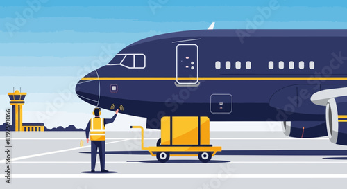 Airport Ground Crew Guiding Large Aircraft with Cargo and Control Tower View