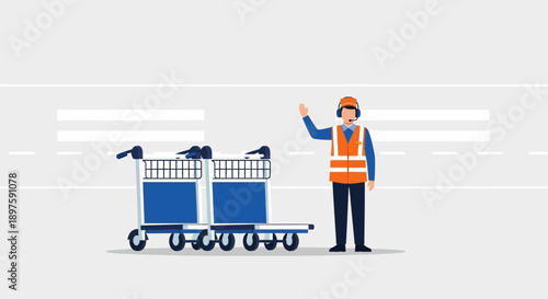 Airport Ground Crew Member Assisting With Luggage Carts