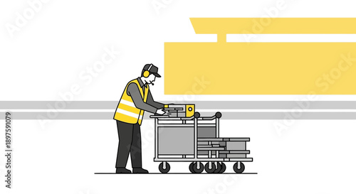 Airport Ground Crew Member Loading Luggage Cart with Luggage for Flight Departure