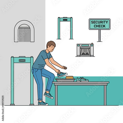Airport Security Screening Process With Passenger Placing Items On Conveyor Belt