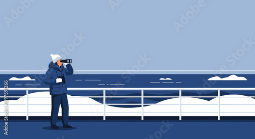 Arctic Explorer Gazing Through Binoculars At The Icy Horizon