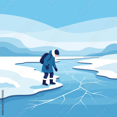 Arctic Explorer Navigates Fragile Icy Terrain in Winter Landscape