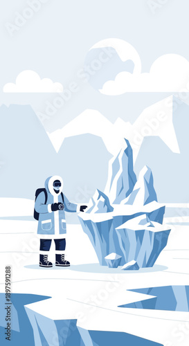 Arctic Explorer Inspects Glacial Formation In Polar Landscape