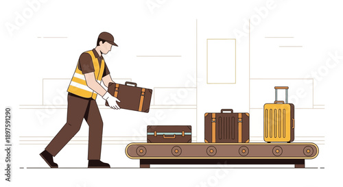 Airport Worker Handling Luggage On Conveyor Belt
