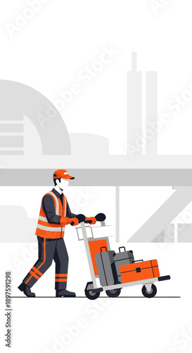 Airport Worker Transporting Luggage On Cart