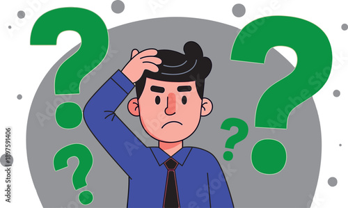 A cartoon man scratching his head surrounded by question marks
