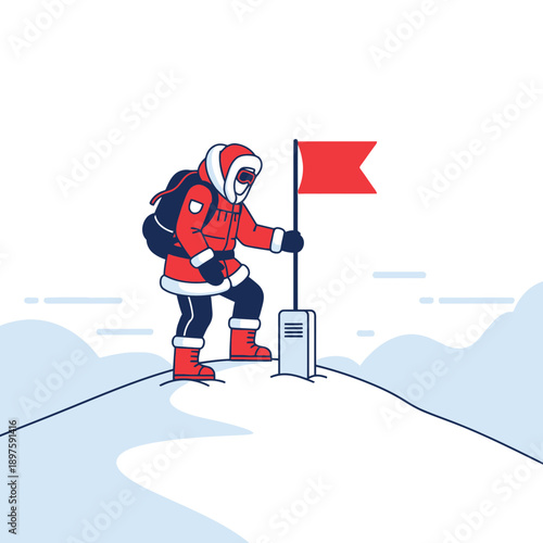 Arctic Explorer Plants Flag On Snowy Summit Achieving Ultimate Goal Victory