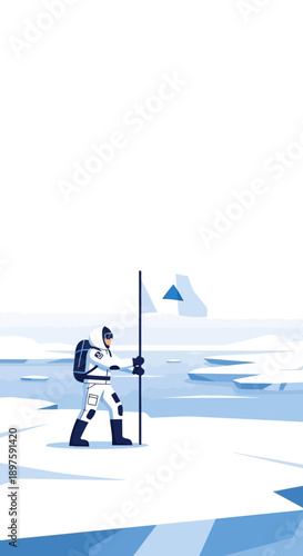 Arctic Explorer Planting Flag Icy Terrain Exploration Adventure