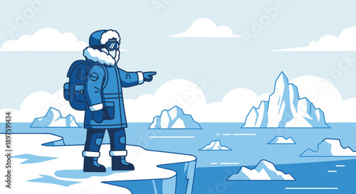 Arctic Explorer Points Towards Majestic Icebergs In Icy Ocean Expanse