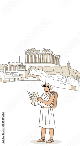 Ancient Greek Tourist Navigates Historical Athenian Landmark With Map