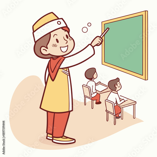 Cartoon illustration of a teacher pointing at a green chalkboard with students sitting at desks isolated on transparent background