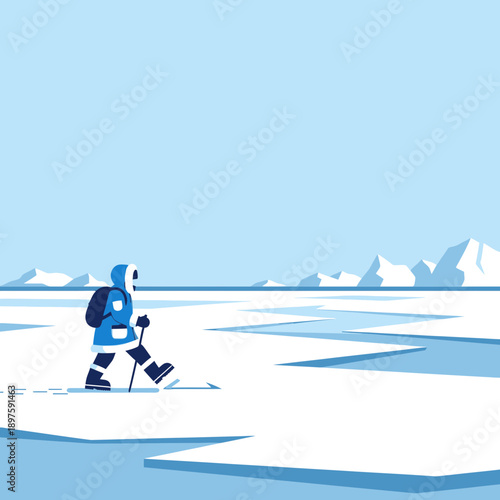 Arctic Explorer Trekking Through Vast Icy Landscape With Snow Peaks