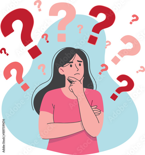 A woman with long dark hair and a pink shirt looking puzzled with question marks around her head