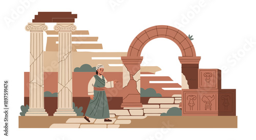 Ancient Ruins And Historical Figure Architectural Discovery Scene
