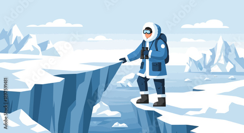 Arctic Explorer With Binoculars Surveys Icy Landscape