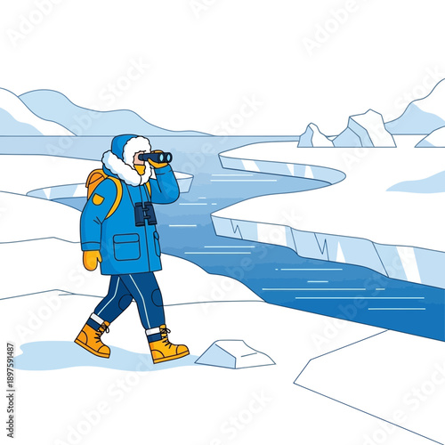 Arctic Explorer With Binoculars Gazing Over Icy Landscape