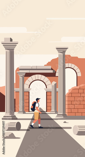 Ancient Ruins Exploration Young Tourist Discovering Historical Architecture