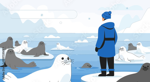 Arctic Observer Watches A Colony Of Seals On Ice Floes