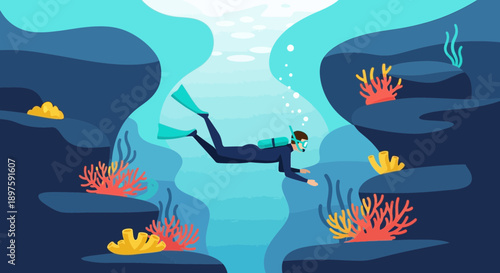 Aquatic Exploration Diver Ascends Through Vibrant Coral Reef Depths