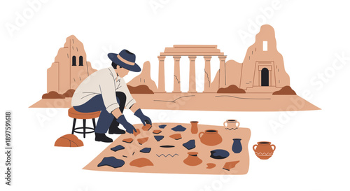 Archaeological Dig Unearthing Ancient Pottery Fragments and Structures