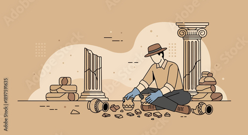 Archaeologist Discovering Ancient Artifacts Amidst Roman Ruins