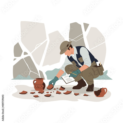Archaeologist Carefully Unearthing Ancient Artifacts And Recording Findings