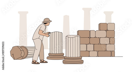 Archaeologist Discovering Ancient Ruins And Monumental Architecture