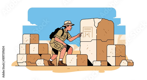 Archaeologist Discovering Ancient Hieroglyphics In Desert Ruins Adventure