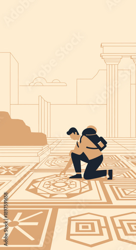 Archaeologist Discovering Ancient Patterns Kneeling On Elaborate Tiled Floor