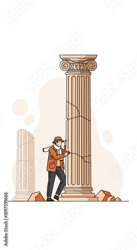 Archaeologist Examining Ancient Cracked Pillar Discovering History Lost Civilization